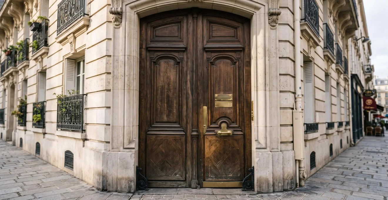 Facade d'un immeuble haussmannien parisien avec une porte d'entree fermee symbolisant le siege social d'une entreprise