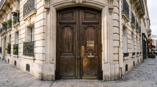 Facade d'un immeuble haussmannien parisien avec une porte d'entree fermee symbolisant le siege social d'une entreprise
