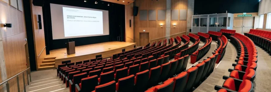 Auditorium luxembourgeois à gradins avec sièges rouges et écran géant, configuration pour séminaire d'entreprise