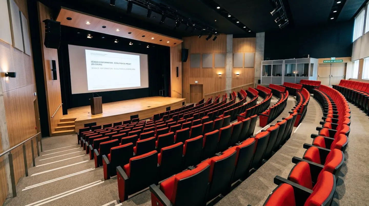 Auditorium luxembourgeois à gradins avec sièges rouges et écran géant, configuration pour séminaire d'entreprise