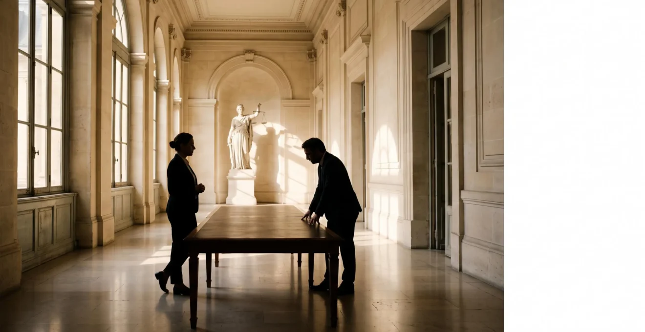 Illustration symbolique d'un salarié accompagné par un avocat lors d'une négociation face à un employeur en France