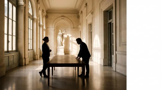Illustration symbolique d'un salarié accompagné par un avocat lors d'une négociation face à un employeur en France