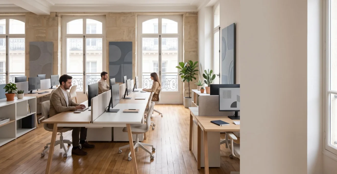Open space de bureau français impeccablement nettoyé, baigné de lumière naturelle, illustrant des standards de propreté professionnelle élevés