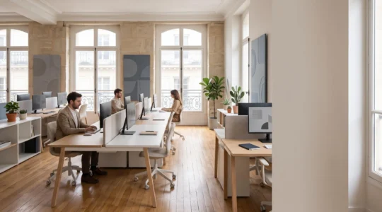 Open space de bureau français impeccablement nettoyé, baigné de lumière naturelle, illustrant des standards de propreté professionnelle élevés