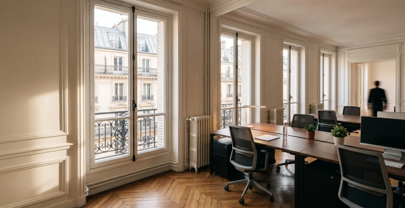 Plateau de bureaux vide et lumineux dans un immeuble parisien, prêt à être reloué à une autre entreprise