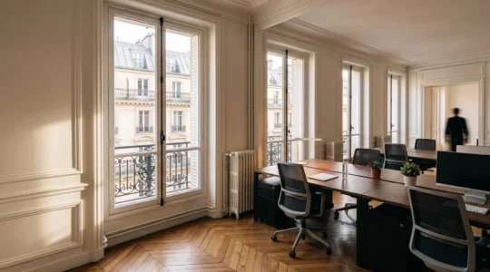 Plateau de bureaux vide et lumineux dans un immeuble parisien, prêt à être reloué à une autre entreprise