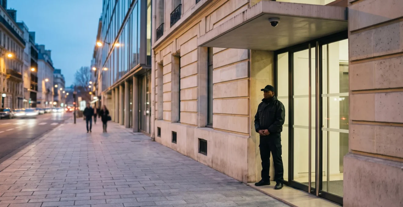 Agent de sécurité professionnel en faction discrète devant la façade vitrée d'un immeuble de bureaux français au crépuscule