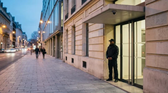 Agent de sécurité professionnel en faction discrète devant la façade vitrée d'un immeuble de bureaux français au crépuscule