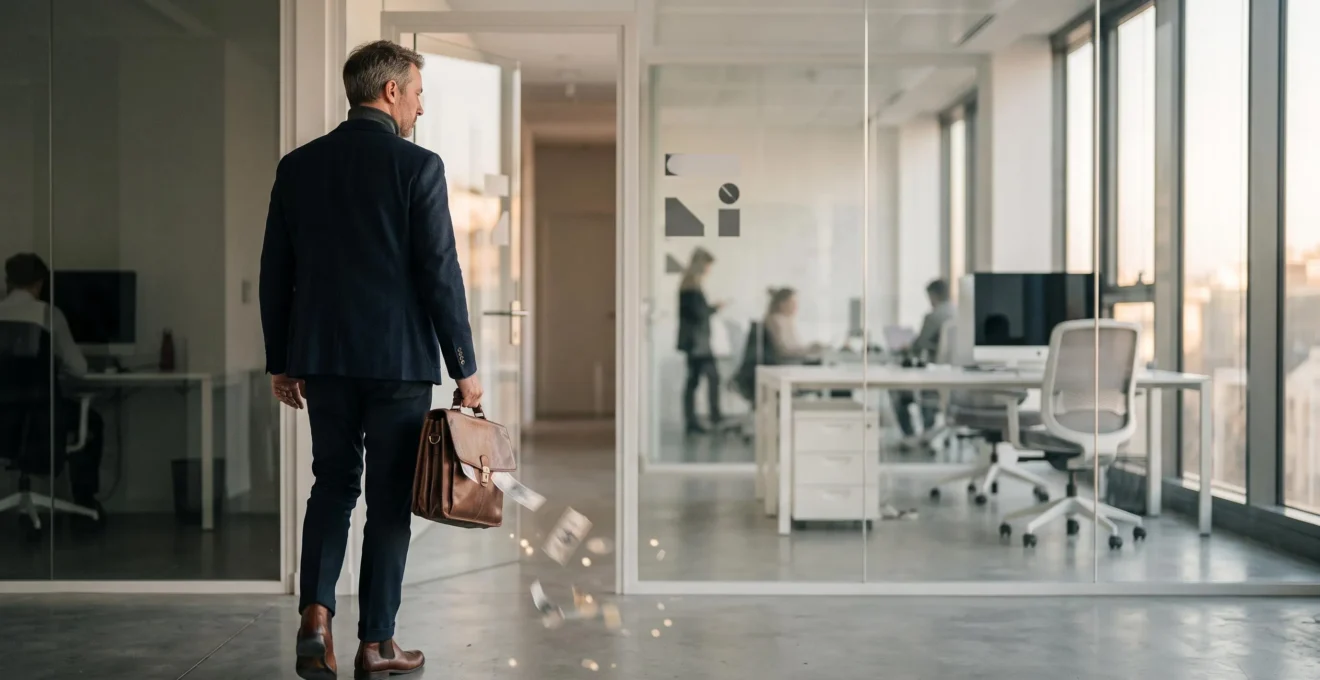 Un professionnel francais quitte son bureau avec une valise, une ombre en forme de billets s'echappant symboliquement de sa poche, illustrant la perte financiere d'une demission mal geree