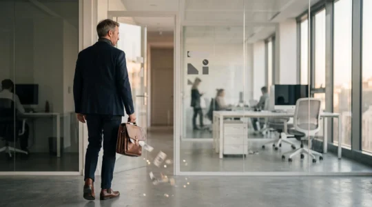 Un professionnel francais quitte son bureau avec une valise, une ombre en forme de billets s'echappant symboliquement de sa poche, illustrant la perte financiere d'une demission mal geree