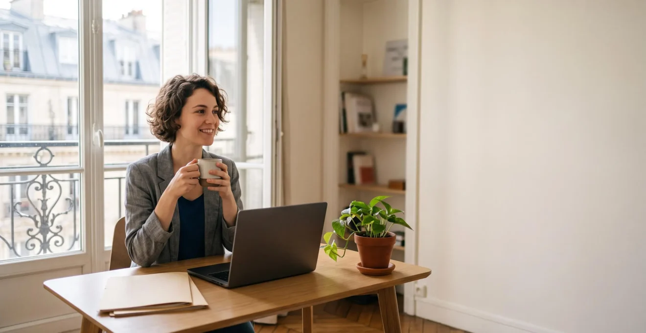 Entrepreneur français finalisant la création et la domiciliation de sa société depuis son ordinateur portable dans un intérieur lumineux parisien