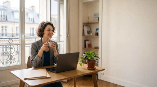 Entrepreneur français finalisant la création et la domiciliation de sa société depuis son ordinateur portable dans un intérieur lumineux parisien