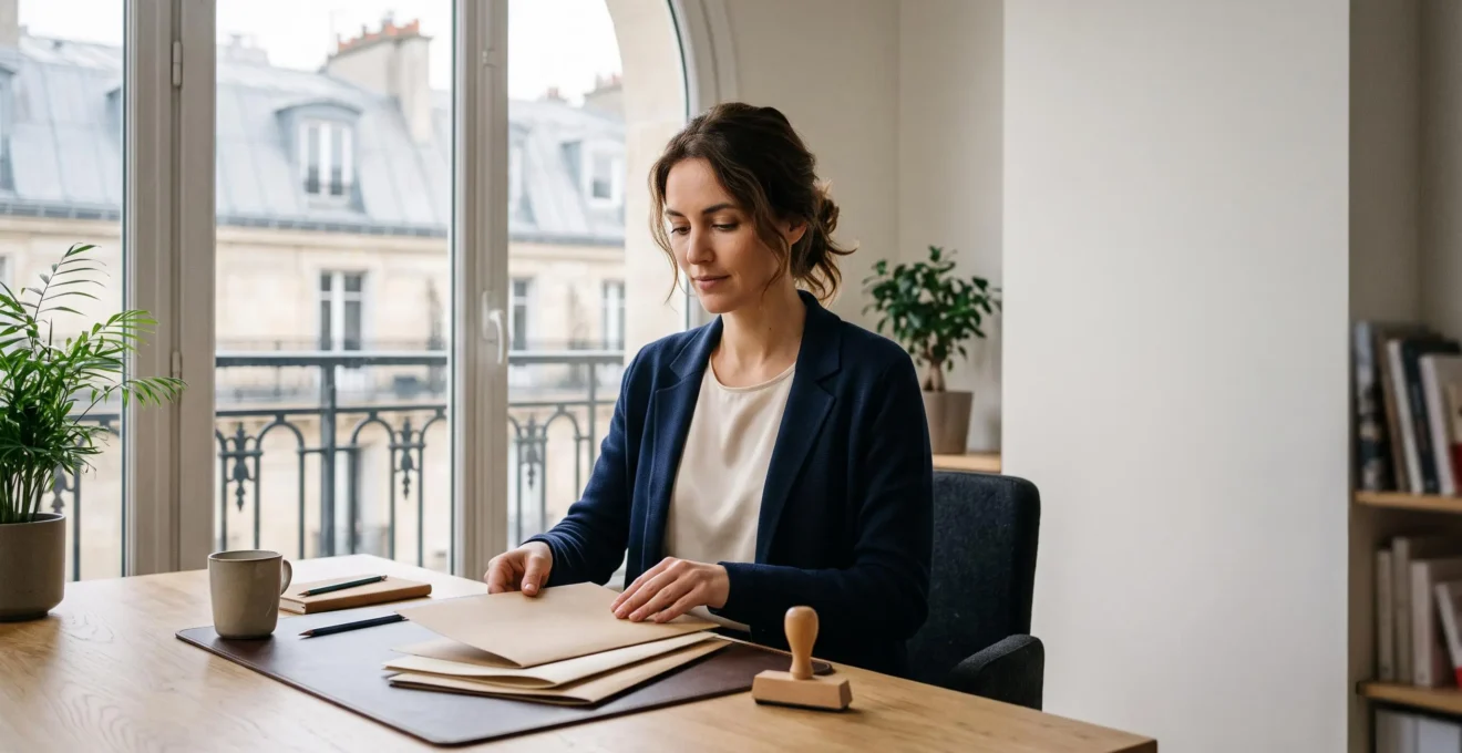 Entrepreneur consultant des documents de creation d'entreprise dans un bureau lumineux en France, symbole de clarte administrative
