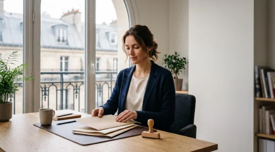 Entrepreneur consultant des documents de creation d'entreprise dans un bureau lumineux en France, symbole de clarte administrative