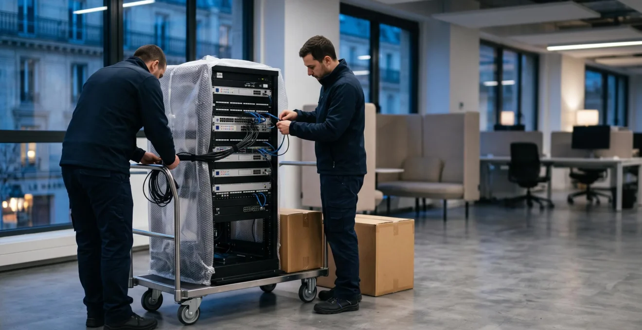 Techniciens informatiques emballant avec précaution une baie de serveurs dans un bureau français avant un déménagement sécurisé