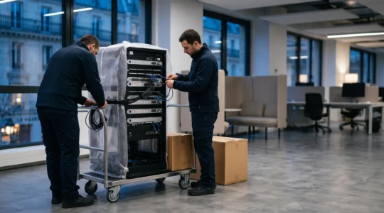 Techniciens informatiques emballant avec précaution une baie de serveurs dans un bureau français avant un déménagement sécurisé