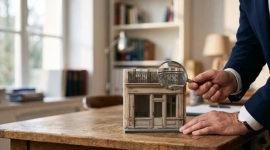 Main tenant une loupe au-dessus d'une maquette de commerce français, symbolisant l'importance du diagnostic avant une reprise d'entreprise