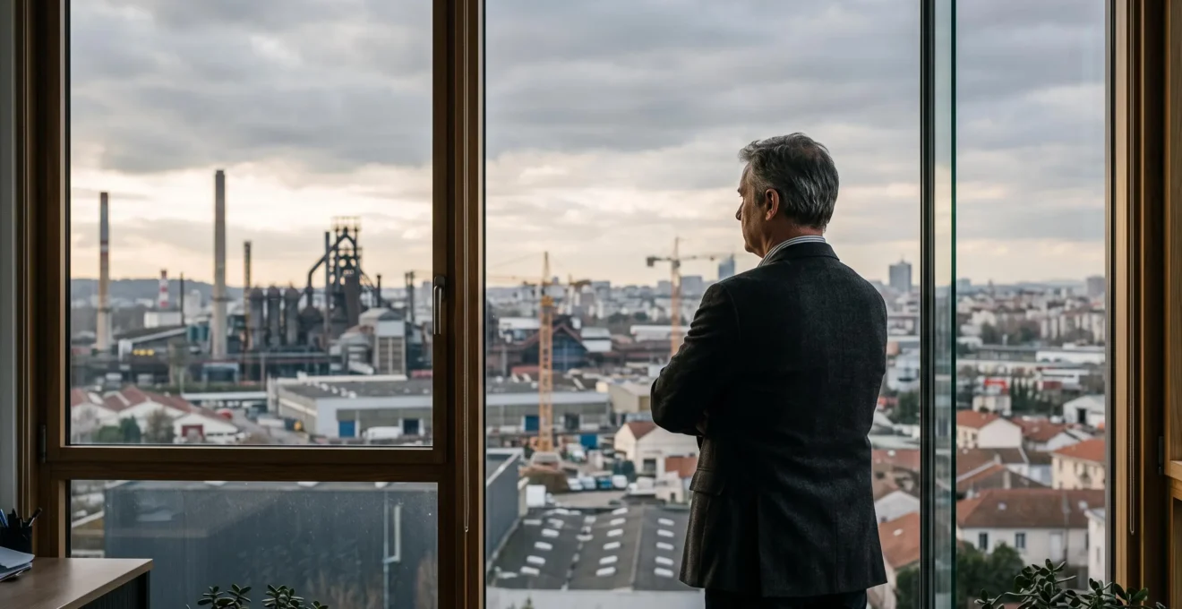Dirigeant de PME française observant pensivement une zone industrielle depuis son bureau, symbole de la stagnation et du besoin de regard exterieur