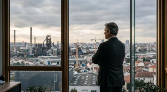 Dirigeant de PME française observant pensivement une zone industrielle depuis son bureau, symbole de la stagnation et du besoin de regard exterieur