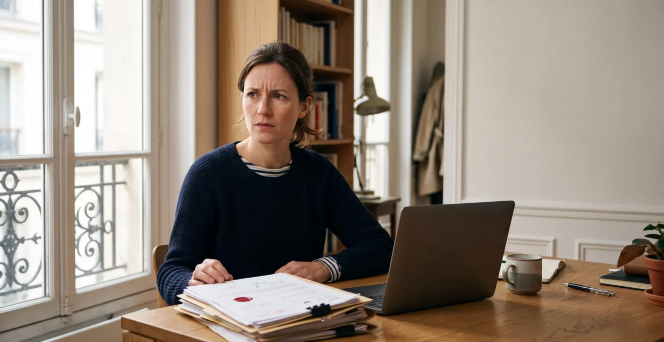 Entrepreneur français consultant un dossier de création d'entreprise avec un tampon de refus abstrait sur la table
