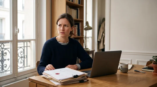 Entrepreneur français consultant un dossier de création d'entreprise avec un tampon de refus abstrait sur la table