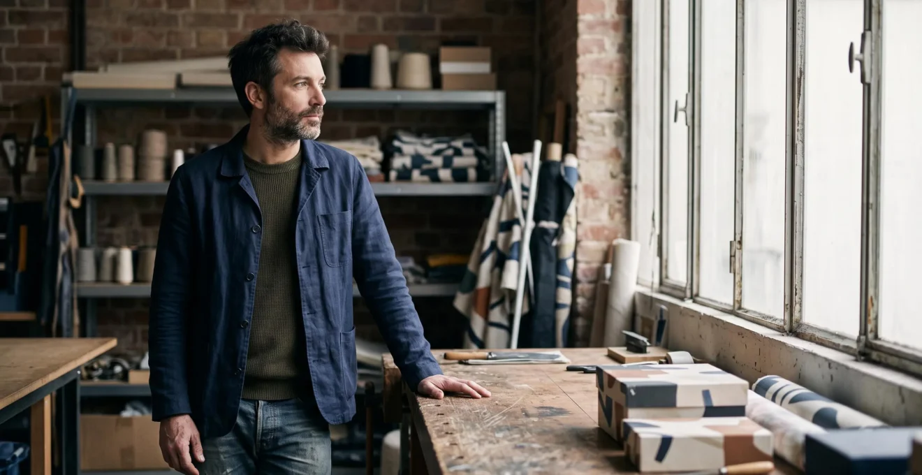 Entrepreneur solo français debout dans son atelier, incarnant la résilience mentale face aux défis de l'entrepreneuriat