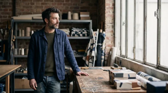 Entrepreneur solo français debout dans son atelier, incarnant la résilience mentale face aux défis de l'entrepreneuriat