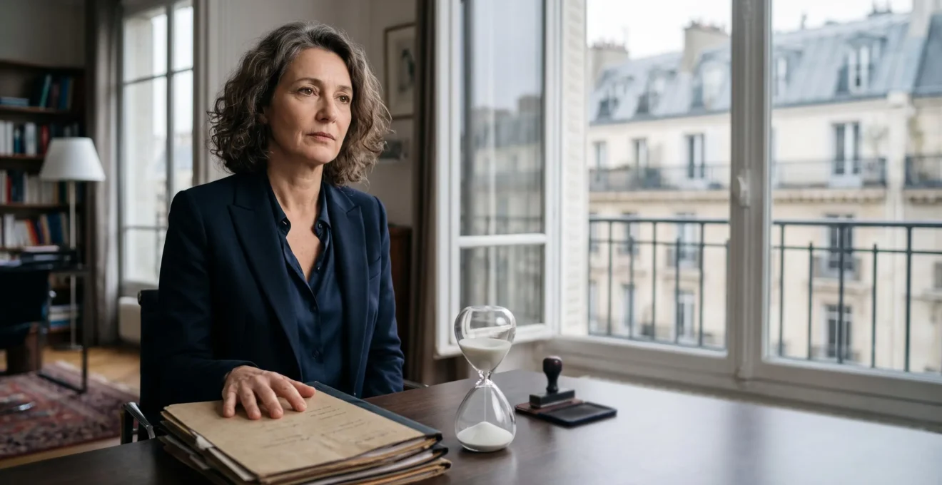 Dirigeant d'entreprise français consultant un dossier administratif avec un tampon officiel flouté, symbolisant le risque d'oubli d'une formalité juridique
