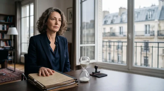 Dirigeant d'entreprise français consultant un dossier administratif avec un tampon officiel flouté, symbolisant le risque d'oubli d'une formalité juridique