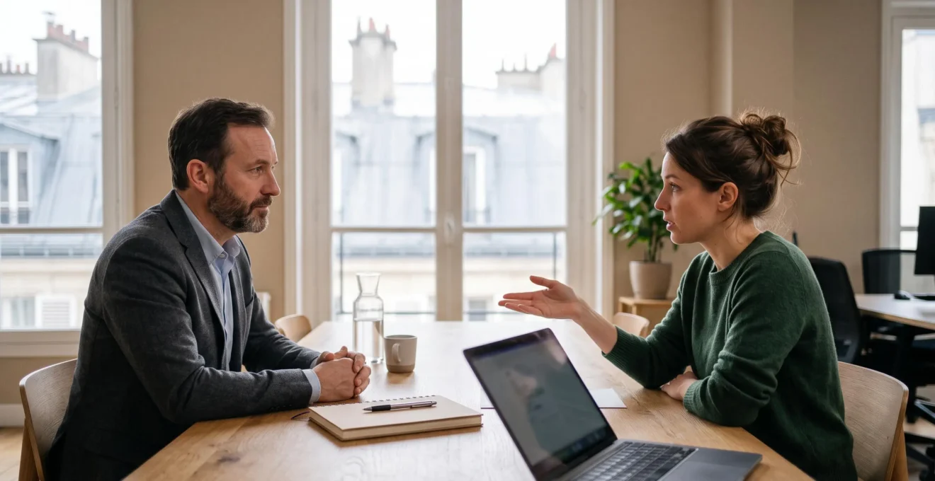Recruteur et candidat face a face lors d'un entretien d'embauche professionnel en France, symbolisant la verification des competences techniques