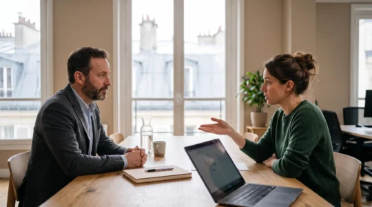 Recruteur et candidat face a face lors d'un entretien d'embauche professionnel en France, symbolisant la verification des competences techniques