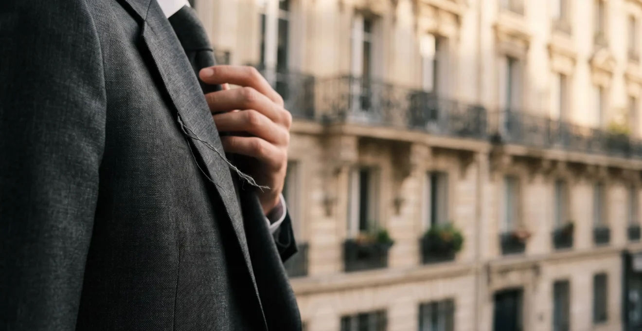 Illustration symbolique d'un fil qui se defait d'un tissu de costume, representant la fragilite d'un contrat de travail mal redige