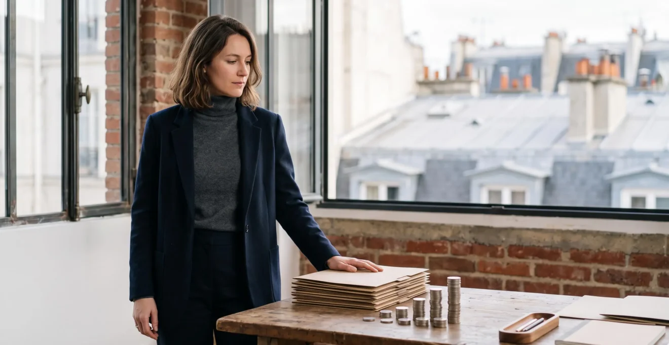 Jeune entrepreneur francais reflechissant a son plan de financement dans un atelier lumineux, symbolisant le cumul des aides ACRE, ARCE et pret d'honneur