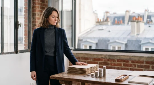 Jeune entrepreneur francais reflechissant a son plan de financement dans un atelier lumineux, symbolisant le cumul des aides ACRE, ARCE et pret d'honneur