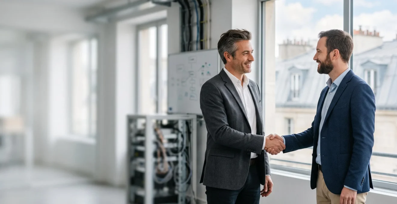 Deux professionnels se serrant la main dans un bureau moderne français, symbolisant la sélection d'un prestataire technique de confiance