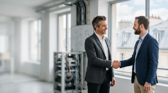 Deux professionnels se serrant la main dans un bureau moderne français, symbolisant la sélection d'un prestataire technique de confiance