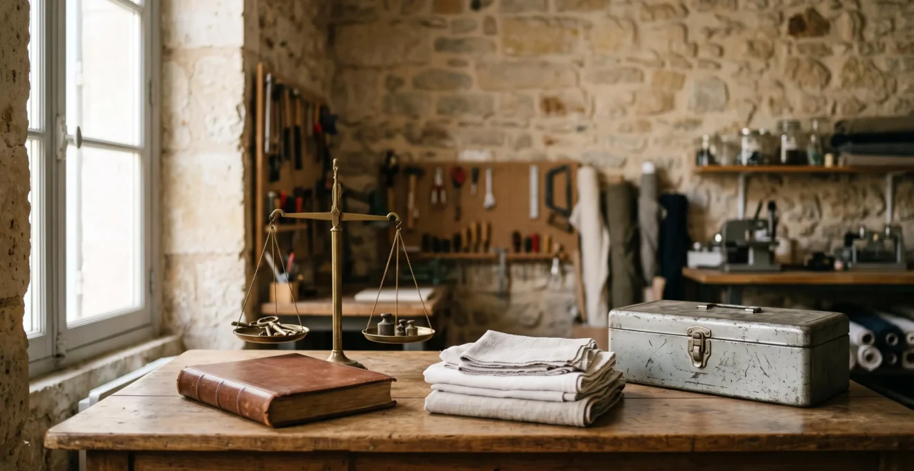 Bureau d'un dirigeant français préparant la cession de son entreprise avec des objets symbolisant l'inventaire des actifs