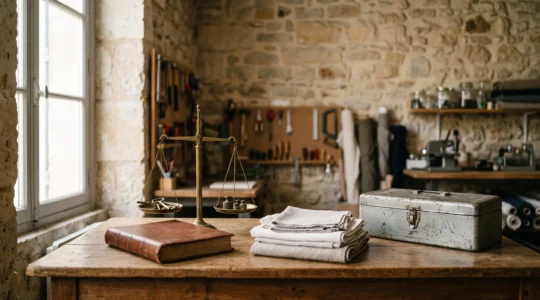 Bureau d'un dirigeant français préparant la cession de son entreprise avec des objets symbolisant l'inventaire des actifs