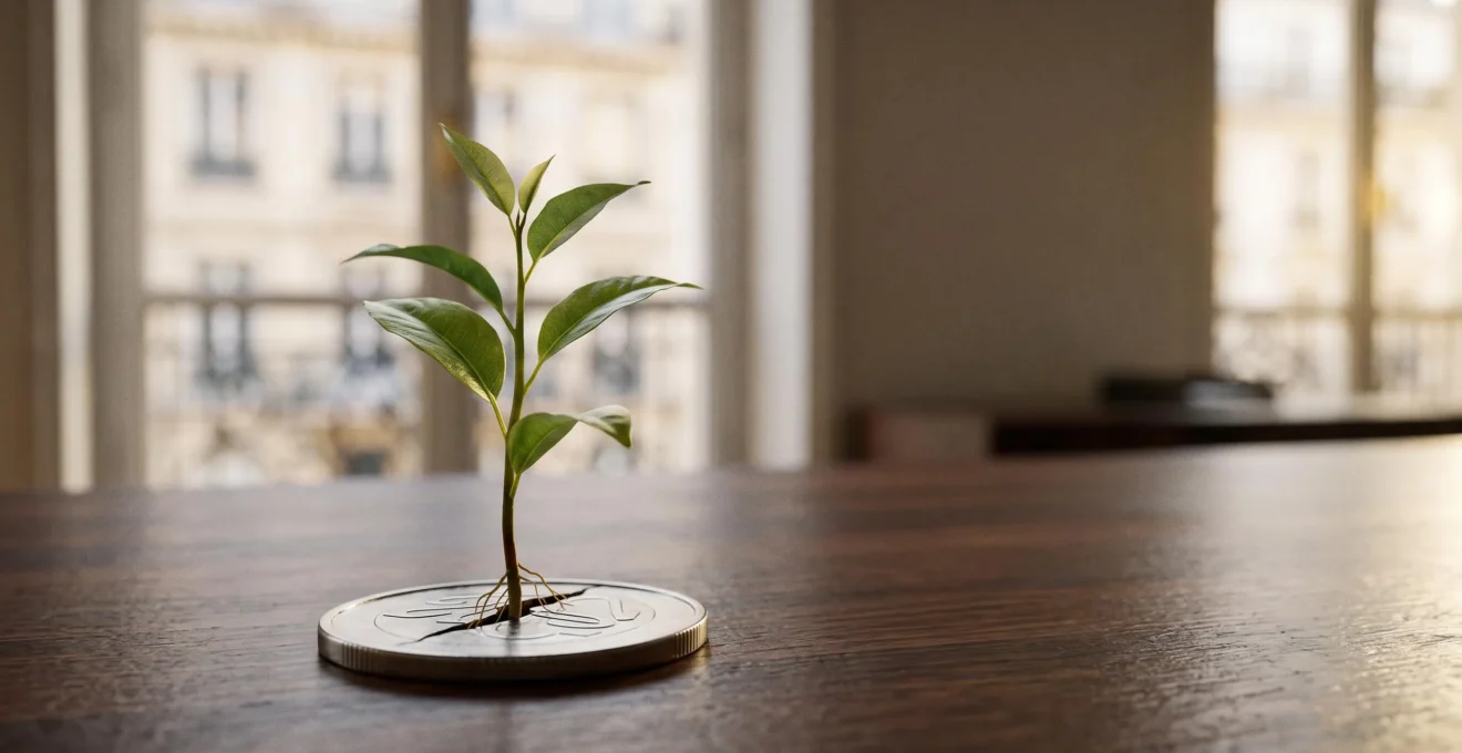 Jeune pousse verte émergeant d'une pièce de monnaie posée sur un bureau en bois dans un bureau parisien baigné de lumière naturelle, symbolisant la croissance générée par un investissement stratégique.