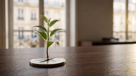 Jeune pousse verte émergeant d'une pièce de monnaie posée sur un bureau en bois dans un bureau parisien baigné de lumière naturelle, symbolisant la croissance générée par un investissement stratégique.