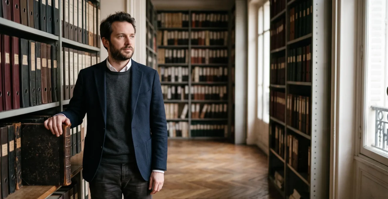 Silhouette professionnelle française face à un labyrinthe symbolique de rayonnages juridiques, illustrant la difficulte de se reperer dans le Code du travail