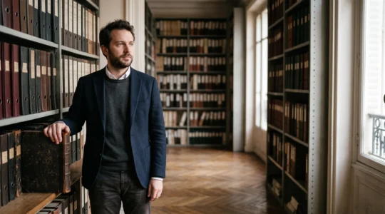 Silhouette professionnelle française face à un labyrinthe symbolique de rayonnages juridiques, illustrant la difficulte de se reperer dans le Code du travail