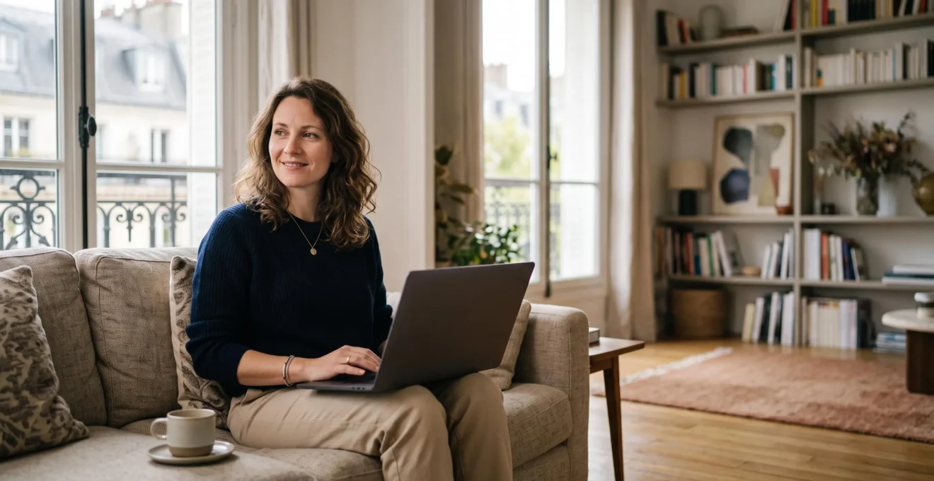 Entrepreneur français installé confortablement dans son salon en train de finaliser ses démarches administratives de création d'entreprise sur un ordinateur portable