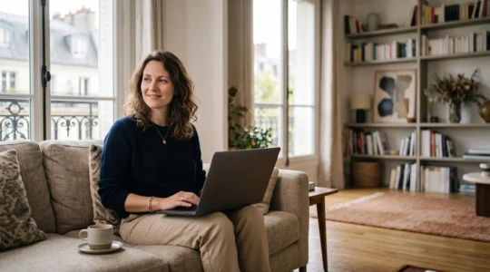 Entrepreneur français installé confortablement dans son salon en train de finaliser ses démarches administratives de création d'entreprise sur un ordinateur portable