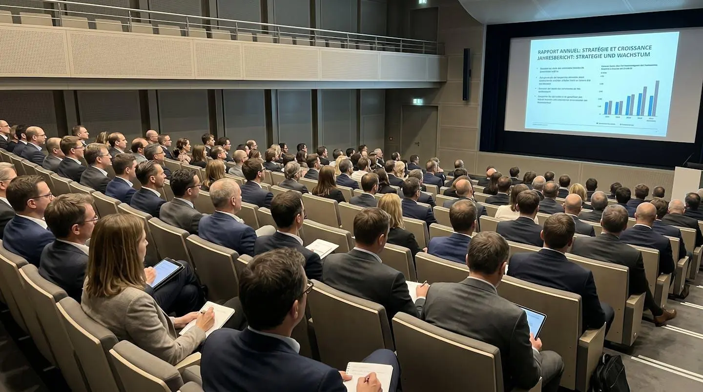 Participants vus de dos dans un auditorium luxembourgeois suivant une présentation d'entreprise sur grand écran