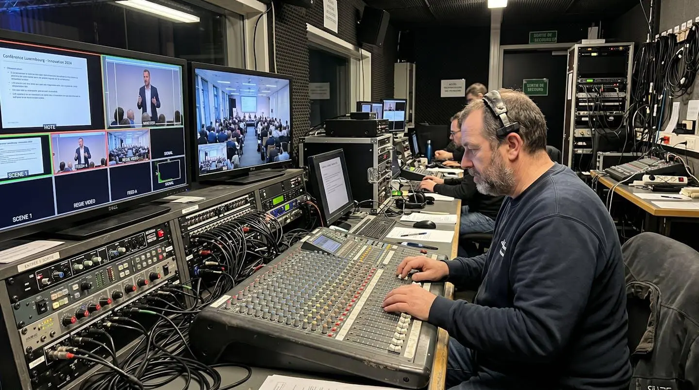 Console de mixage audio et écrans de contrôle dans une régie technique d'auditorium luxembourgeois