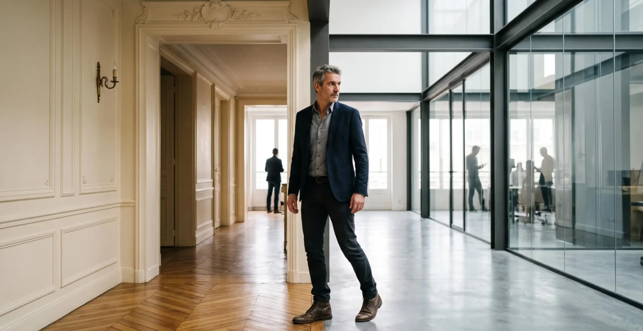 Un salarie hesite au seuil entre un ancien bureau parisien et de nouveaux locaux modernes, symbolisant la resistance au changement.