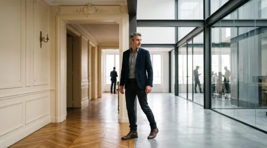 Un salarie hesite au seuil entre un ancien bureau parisien et de nouveaux locaux modernes, symbolisant la resistance au changement.