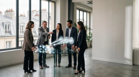 Dirigeants en réunion stratégique définissant des objectifs mesurables pour une mission de communication dans un bureau parisien