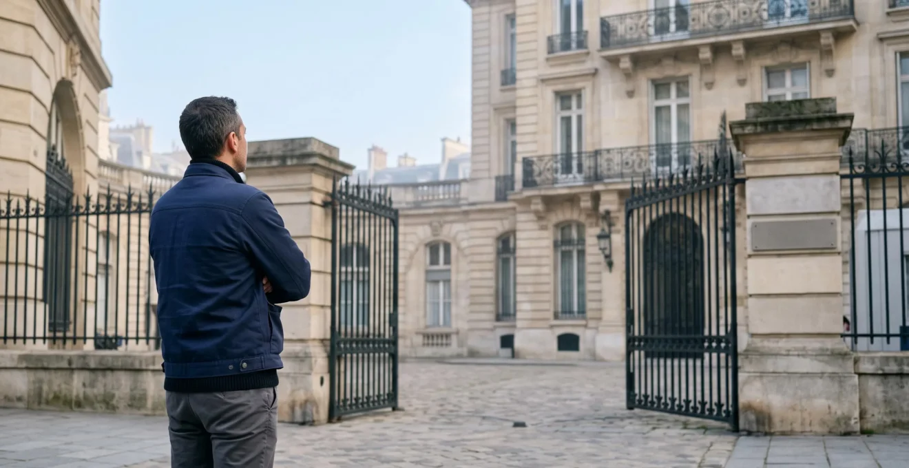 Silhouette d'un salarié devant un bâtiment institutionnel français symbolisant la protection légale du droit de grève
